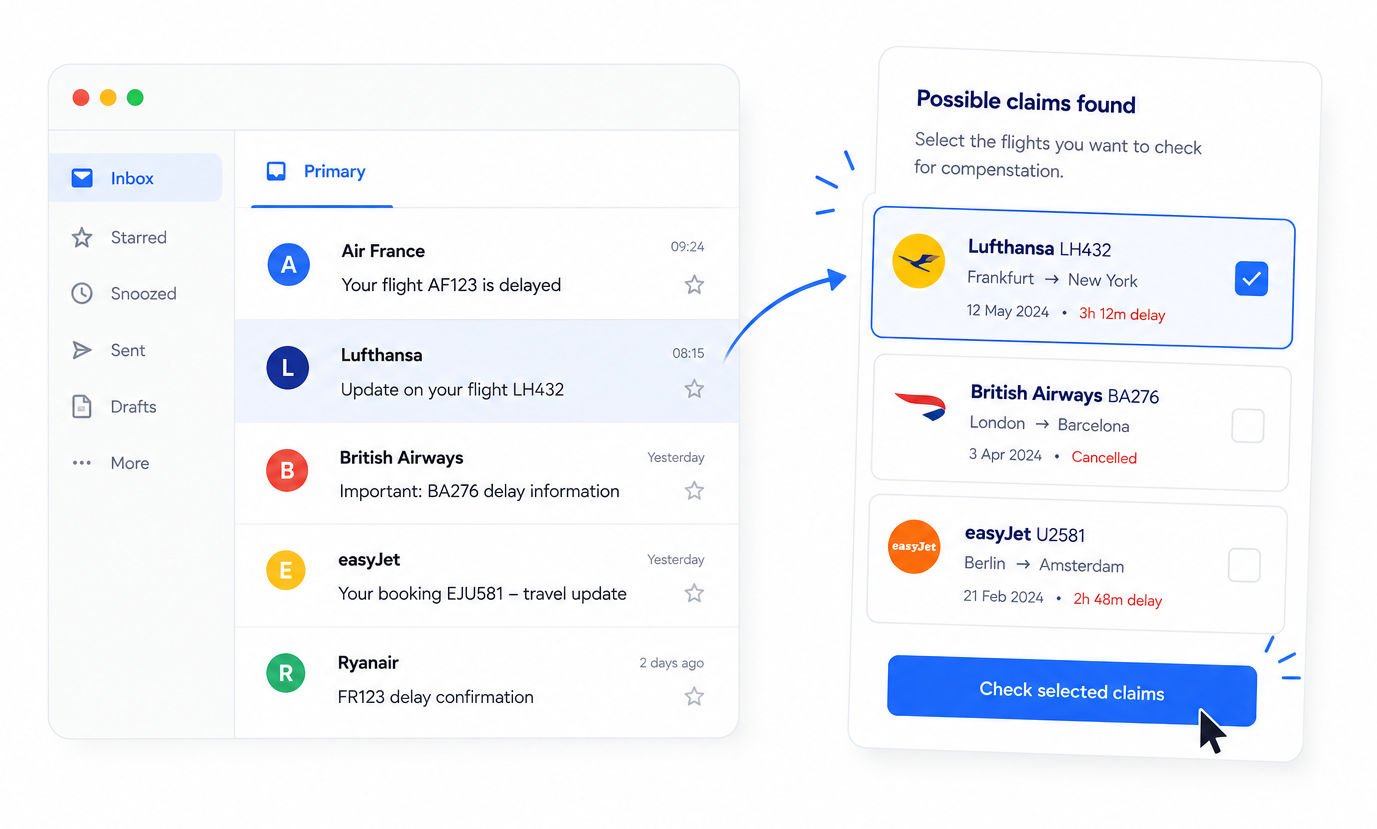 Two phones showing detected flights and a claim approval screen
