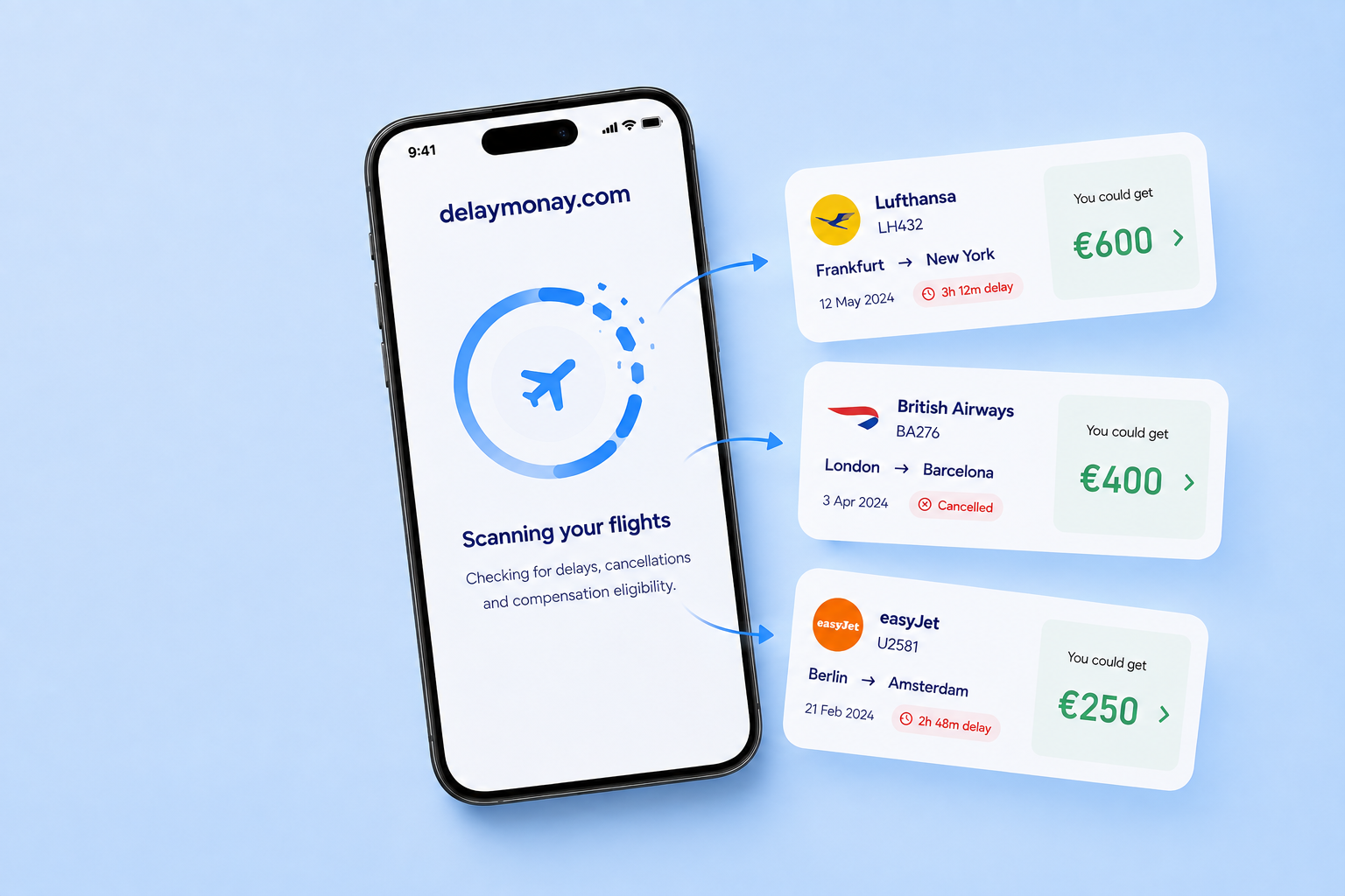 Phone showing a flight compensation approval card